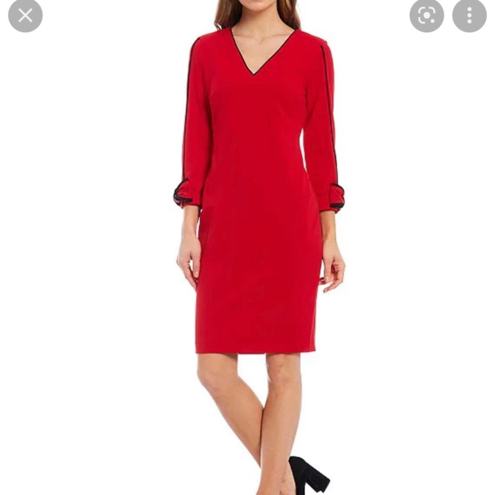 Calvin Klein V-Neck 3/4 Bow Sleeve Contrast Trim Sheath Dress Size 4